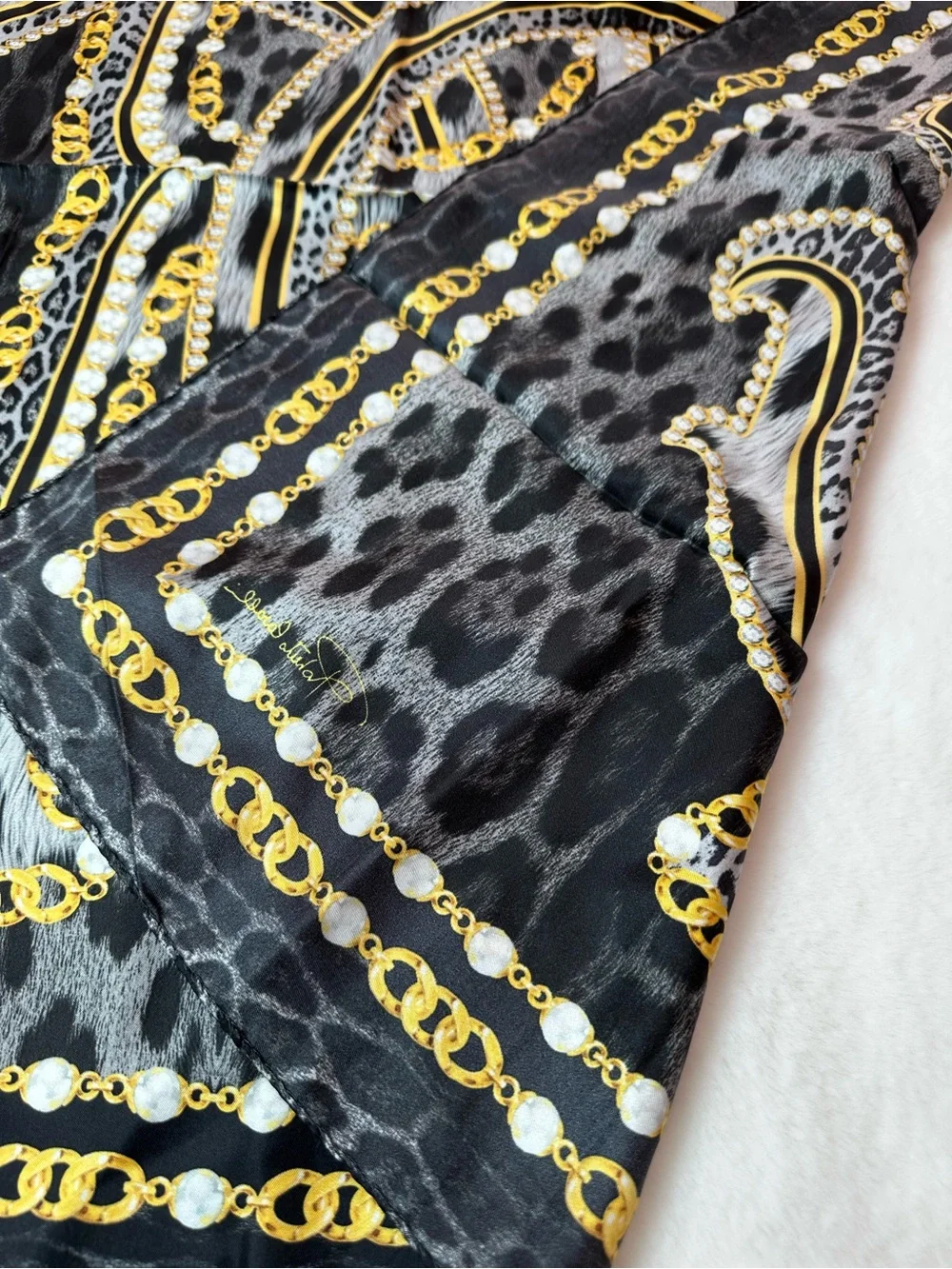 Roberto Cavalli Black and Gold Leopard Motif Silk Scarf
